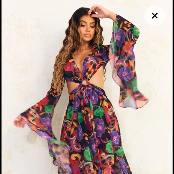 PrettyLittleThing | Dresses | Multi Floral Chiffon O Ring Cut Out Beach  Maxi Dress